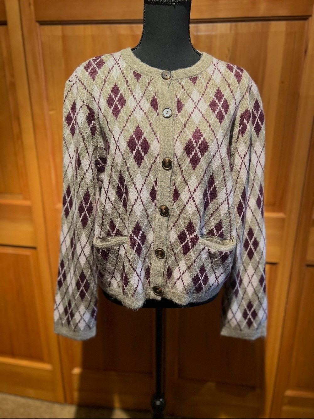 Rachel Zoe Cream and Plum Argyle Knit Button Cardigan -Large